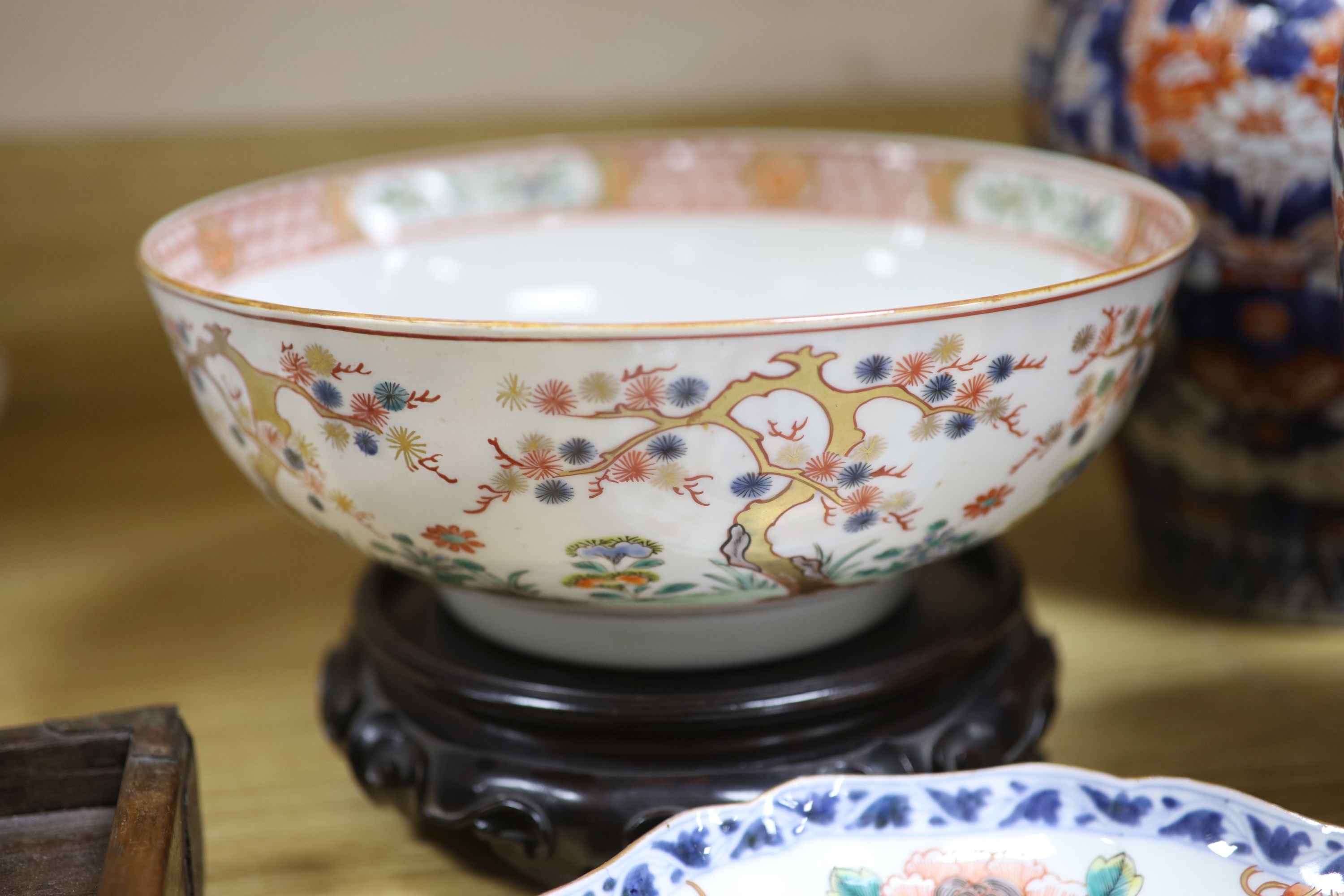 Three Japanese Imari vases, a plate and other Japanese ceramics